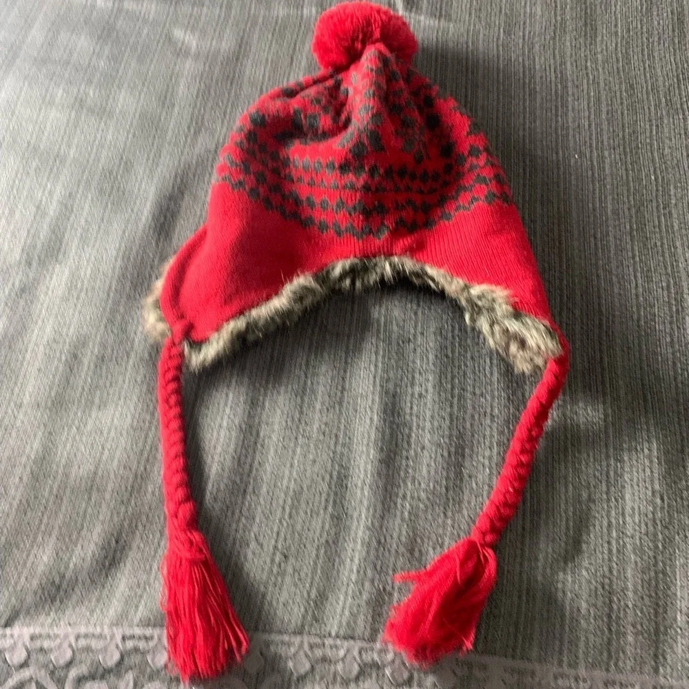Vintage Faux Fur Christmas Snowflake Ski Winter Hat Red Grey
